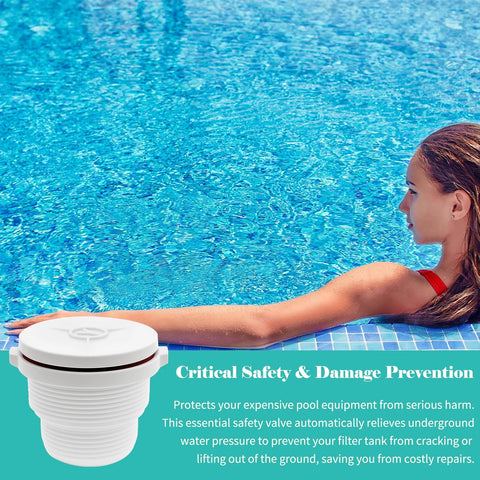 GripNex SP1056 spring-loaded hydrostatic relief valve, white plastic, shown beside pool edge in promotional banner