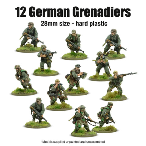 12 German Grenadiers figures from Bolt Action Band of Brothers Starter Set 28mm War Game Bundle, displayed on grass terrain.