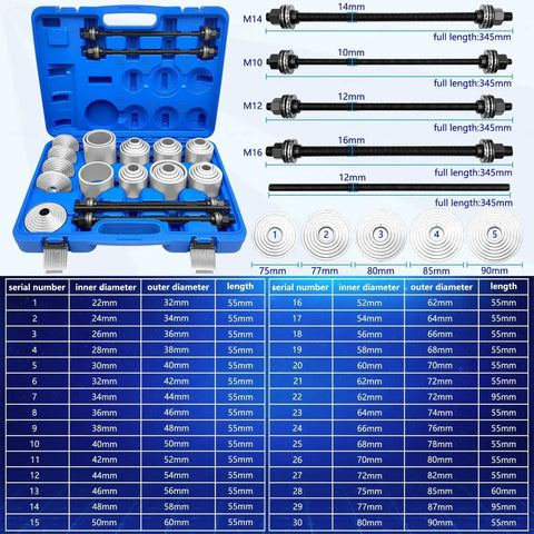 Complete view of Universal Pull and Press Sleeve Kit for Bearings, Bushings and Seals with 30 Sleeves and 5 Pulling Spindles.