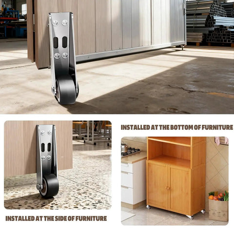 Low Profile Silent Rubber Casters Set For Sagging Door Repair And Furniture, 500 Lbs Capacity shown installed on doors and furniture