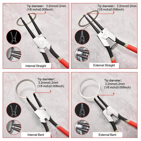 Heavy Duty 13 Inch Snap Ring Pliers Internal Circlip Pliers Straight Jaw 0.12 Inch Tip with various orientations and types
