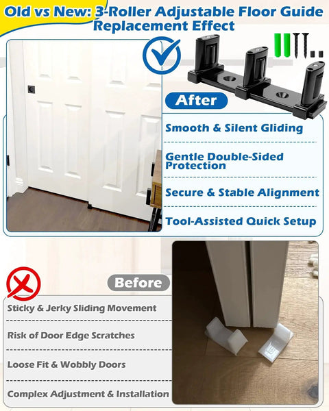 Three-Roller Adjustable Sliding Closet Door Floor Guide Upgrade Kit Bottom Mount For Bypass Double Bypass And Barn Doors One Pack Provides Ultra Smooth Gliding And Edge Protection For Door Panels, showing installation comparison before and after.