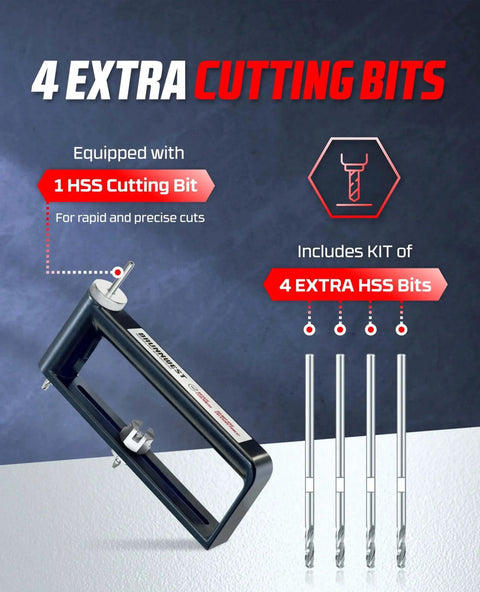 Adjustable Sheet Metal Circle Cutter with four extra HSS cutting bits shown alongside product label and description.