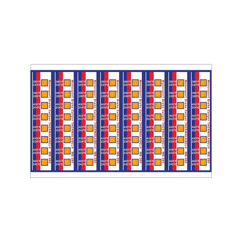 Motorsport Brake Caliper Temperature Indicator Strips sheet, 16 labels (380–465°F) by Amazon for automotive use.