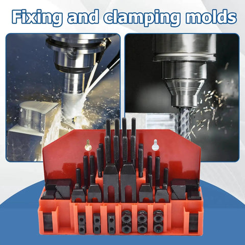 Pro Series WFLNHB 58 Piece T Slot Clamp Kit For Milling Machines Seven Sixteenths Inch Slot And Three Eighths Inch Sixteen Thread Studs Hold Down Clamps Shop Grade Quality For Bridgeport Mills And Heavy Duty Milling Projects, shown with machining tools.
