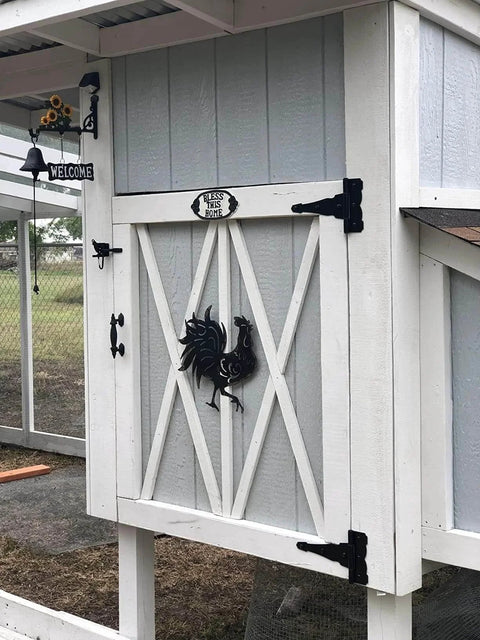 White barn door with 8 Inch Heavy Duty Decorative T Strap Hinge Rustproof Iron Black Gate Hinge installed, 270-degree swing view.