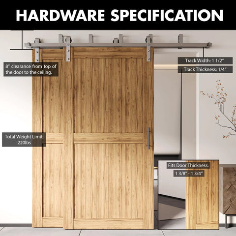 Brushed Nickel U Shape Bypass Sliding Barn Door Hardware Kit For Two Doors With Double Track And 6ft Flat Track Classic Roller Design Space Saving Bypass System No Fuss Install Modern Farmhouse Vibe detailed view of installed kit with specs.