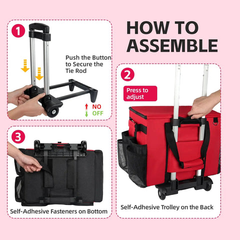 Assembly instructions for Rolling Cleaning Caddy With Wheels Large Capacity 40L showing detachable trolley, push button mechanism, and straps