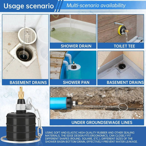 2 Inch Rubber Test Ball Pipe Plug For Sewer Drain Leak Detection With Chain And Large Pull Ring, multiple use cases shown