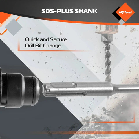 Close-up of SDS Plus shank from Five Piece SDS Plus Rotary Hammer Drill Bit Set For Masonry With Carbide Tips And Storage Case Built Tough For Brick Block And Concrete AV Steel Durable High Quality Construction For Long Life And Versatile Performance On Brick Concrete And Masonry.