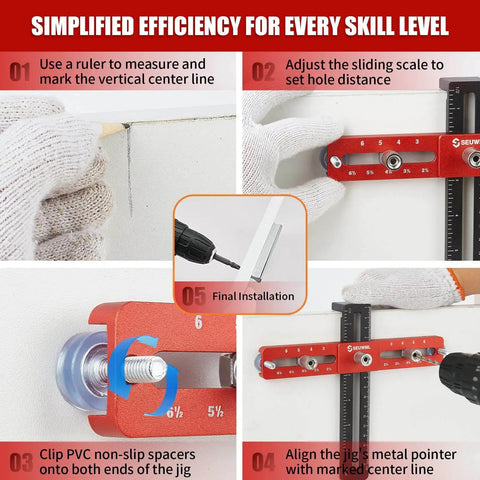 Guide for easily aligning cabinet hardware using a precision adjustable jig with multiple hole spacings and self-centering drill guide.