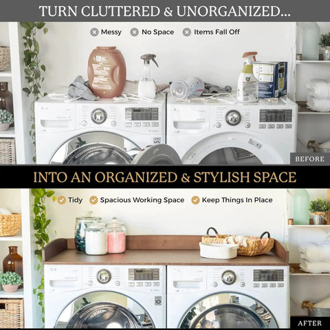 Before and after of washer and dryer with Washer And Dryer Countertop Topper With Anti Vibration Pads and Curved Edge Rails in laundry room organizer.