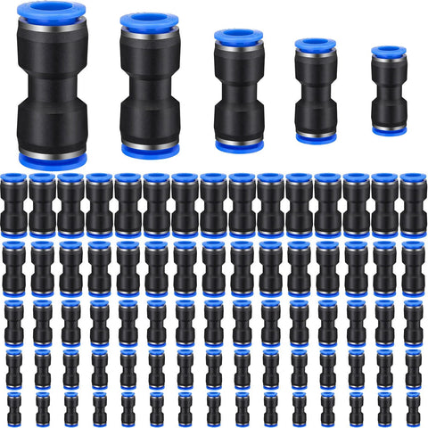 100-piece black plastic push-to-connect air hose fittings with blue ends; straight connectors for 4–12 mm tubes
