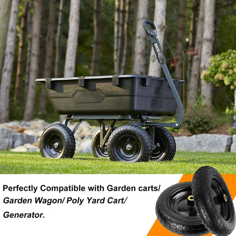 Thirteen Inch Flat Free Wheels Replacement for Garden Carts and Hand Trucks Four Point Zero Zero To Six Solid Tires installed on garden cart