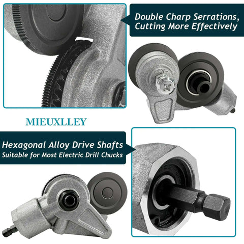 Heavy Duty Electric Drill Plate Cutter With Dual Serrated Wheels, Metal Nibbler Drill Attachment, shows serrated wheels and hexagonal shaft