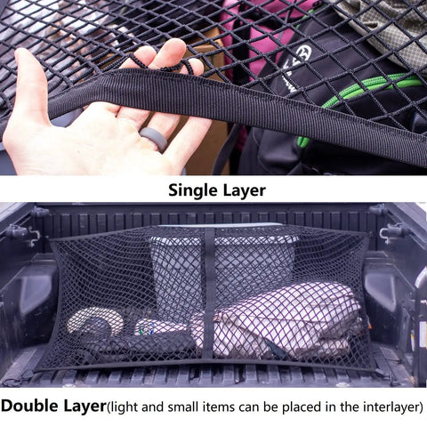 Close-up of Elastic Cargo Net For Truck Bed And SUV showing single and double layers for organizing loads.