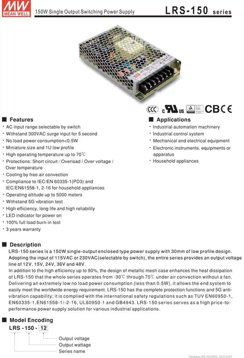 LRS-150-24, 24V 6.5A 156W Switching Power Supply, single output, 1U low-profile, industrial PSU with wide input 100-240VAC