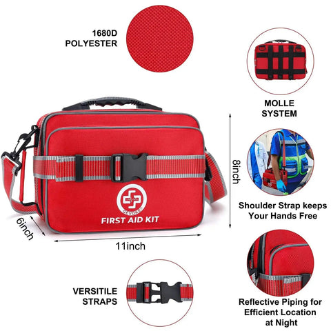 Red Ultra Comprehensive 500 Piece Emergency First Aid Kit bag with MOLLE system and shoulder strap, made from 1680D polyester.