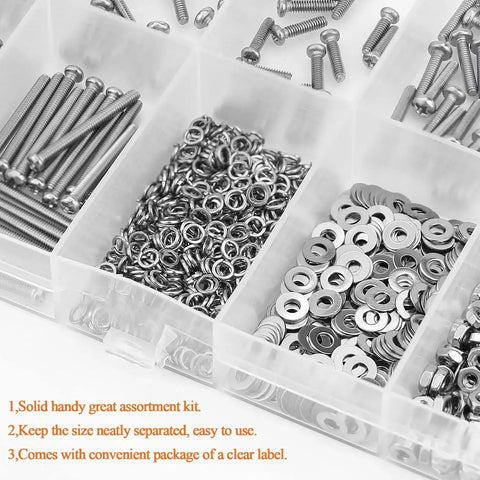 All In One Stainless Steel M2.5 Machine Screw Kit With Phillips Pan Head, 7 Sizes From 4mm To 20mm, organized in a clear box