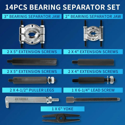 Heavy Duty 14 Piece Bearing Puller Set With 5 Ton Capacity Includes 2 Inch And 3 Inch Bearing Separator Jaws 6 Inch Yoke components