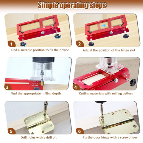 Pro Grade Premium Aluminum Door Hinge Jig For Routers Handy Templates in use demonstrating hinge cutting steps