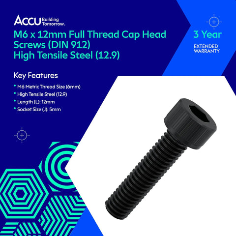 Accu M6 x 12mm full-thread cap head screw, black, high-tensile DIN 912 steel.