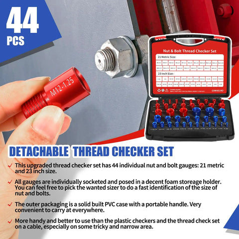 Nut And Bolt Thread Gauge Kit 44 Piece Case With Detachable Gauges 23 Inch And 21 Metric Sizes Fast Thread Identification For Tricky Narrow Areas In Confined Spaces showing red gauge and case with gauges.
