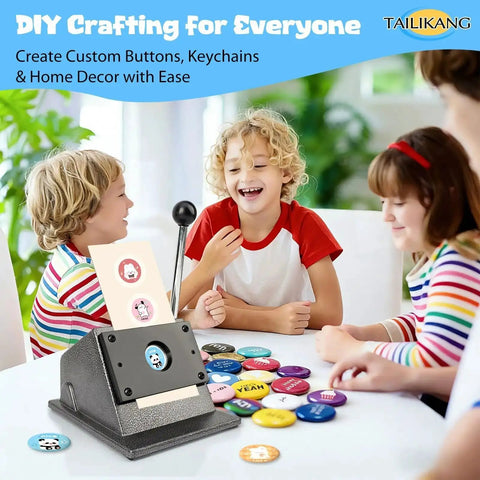 Children using a Heavy Duty Manual Lever Circle Punch And Button Cutter, with custom buttons on a table, ideal for crafting home decor.