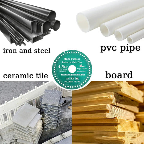 Six Pack Four Point Five Inch Pro Grade Diamond Cut Off Wheels For Angle Grinder With Seven Eighths Inch Arbor Multi Purpose Disc in center with images of ceramic tile, iron and steel, PVC pipe, and wooden board around it