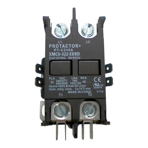 Front view of 2 Pole 32 Amp Heavy Duty AC Contactor With 24 Volt Coil, UL Listed, enclosed contacts, heavy lug terminals for HVAC systems.