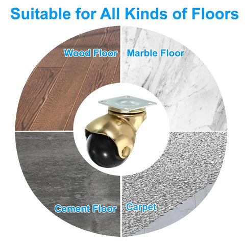 1.5 Inch Ball Caster Wheels Set Of 4 For Furniture, 360 Degree Swivel Top Plate Casters In Gold Finish, shown on various floor types