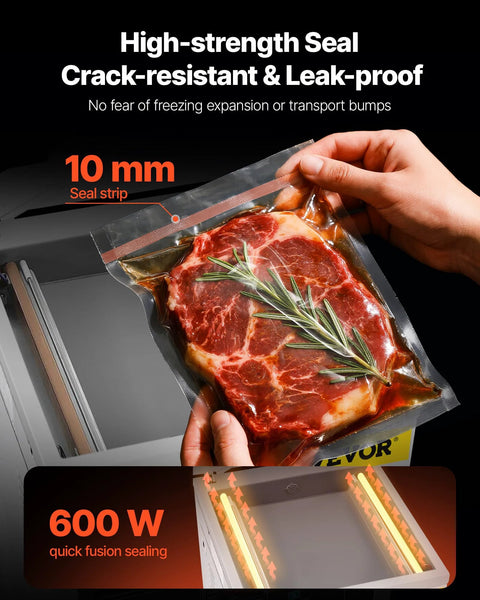 VEVOR chamber vacuum sealer; hand sealing steak bag with 10 mm seal strip, 600 W quick fusion