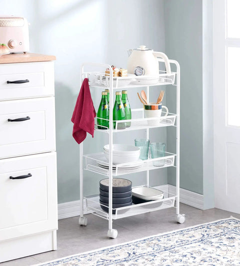 4 Tier Rolling Utility Storage Cart On Wheels In White Carbon Steel With Epoxy Coated Finish in kitchen setting