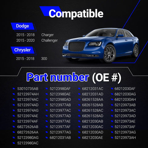 Compatibility chart and part numbers for Rear Driveshaft Center Support Bearing OEM Grade Replacement Drop-In Fit for 2015-2018 Dodge Charger, 2015-2020 Dodge Challenger, 2015-2018 Chrysler 300 OE Number 52123980AD Replaces 53010735AB and 52123974AH, AC, AD.