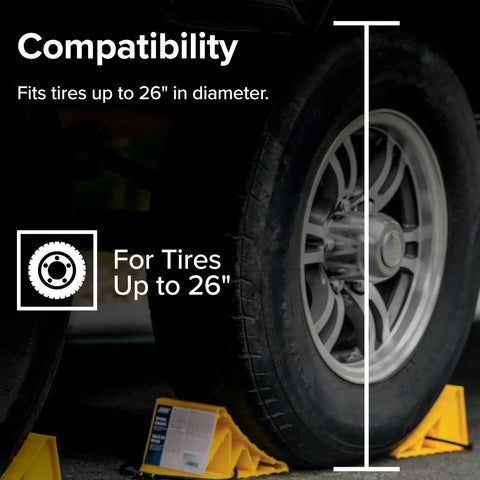 Two Pack Heavy Duty RV Wheel Chocks With Rope For Trailers Up To 26 Inches shown stabilizing trailer tires