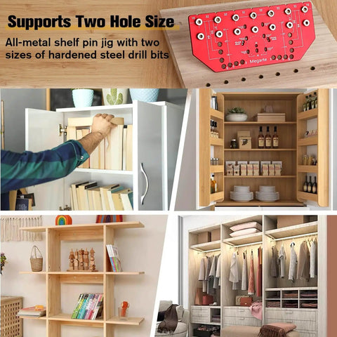 2 In 1 Shelf Pin And Hinge Jig For Cabinets, Aluminum Alloy Drill Template with 1/4 Inch and 5mm Bits in use on wooden cabinets