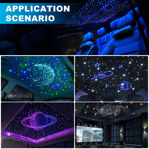 Split 4 Colors 12W Car Starlight Headliner Kit with 1000pcs 0.02in 9.8ft Fiber Optic Strands installed in cars and home decor.