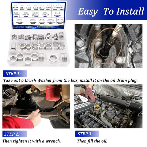 580 Piece Aluminum Oil Drain Plug Crush Washer Gasket Set Includes 18 Sizes M6 M8 M10 M12 M14 M16 M18 M20 M22 M24 For Automotive Engines And Transmissions, Corrosion Resistant, High Temperature Tolerant, Easy Fit And Leak Proof with installation steps
