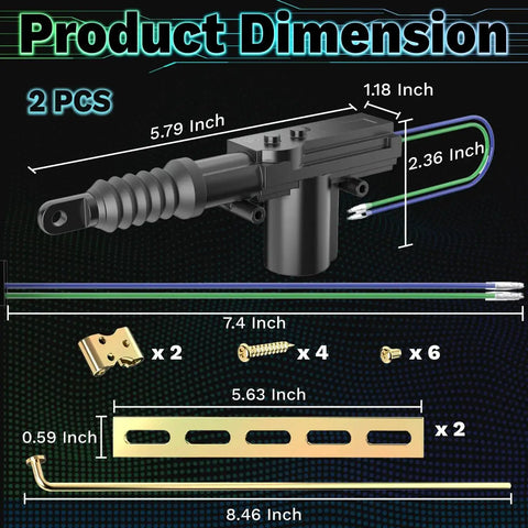 Dimensions of Universal 12V Door Lock Actuator Kit for Cars and Trucks with tool set, wires, and mounting hardware visible