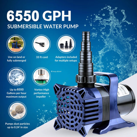 6550 GPH submersible water pump with 33 ft cord and adapters, blue pond/fountain pump for vertical or horizontal setups