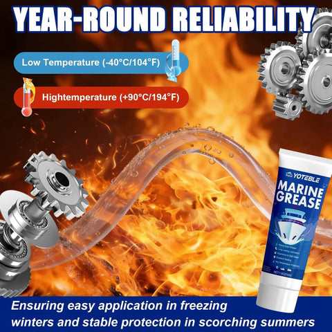 Image depicting All Purpose Marine Grade Grease Tube Built To Last For Steering Cables, U Joints, Wheel Bearings, Throttle And Shift Cables, Waterproof Shield, Extreme Pressure Tough Formula, 50G with temperature icons and gear illustration against fiery background.