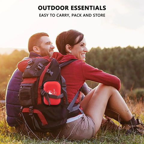 Couple with backpack featuring Mini First Aid Kit 120 Piece Waterproof Hard Shell Medical Kit For Car Home Office Travel Camping Sports