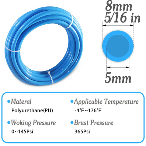Blue polyurethane PU air hose, 8mm OD (5/16 in), 10 m length for air or fluid transfer.