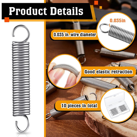 Dunzy SP 9600 extension springs, 10 pcs, stainless steel, 1/4 in x 1-1/2 in, 0.035 in wire, with end hooks