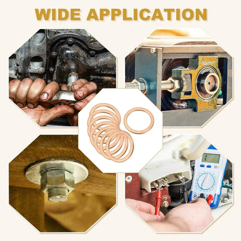 Copper Crush Washers 24mm ID 30mm OD 1.5mm Thick 5 Pack used in various automotive and plumbing applications for sealing and conductivity.