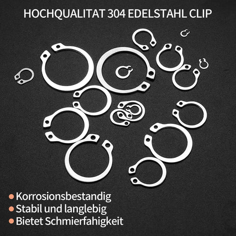 300 Piece Retaining Ring Set With Internal And External Snap Rings In Stainless Steel Circlip Retention Rings 18 Size Assortment For Grooved Shafts Pins And Studs Durable Rust Resistant And Easy To Use displayed on black surface.