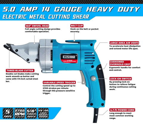Electric Metal Shear For Sheet Metal, 14 Gauge, 5.0 Amp Motor with swivel head and double cut blades, product diagram