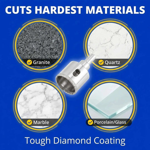 1-3/8 Inch Diamond Hole Saw Kit With Water Delivery And Guide For Granite And Quartz Countertops Ceramic Porcelain And Glass Tile Drill Bit Heavy Duty 3/8 Inch Shank Beast Mode Drilax shown cutting granite, quartz, marble, and glass.