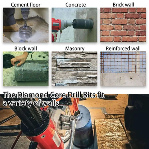 Two Inch Diamond Core Drill Bit Set For Concrete And Masonry With Ten Inch Drilling Depth Laser Welded Core Bit For Rebar Brick Block Dry Core Bits For Pros Includes Two Five Eighth Eleven Thread Adapters in use on various wall types.