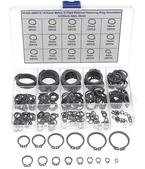 290 Piece C Clips External Retaining Ring Assortment Kit Heavy Duty Black Alloy Steel 15 Sizes 4mm To 18mm in box